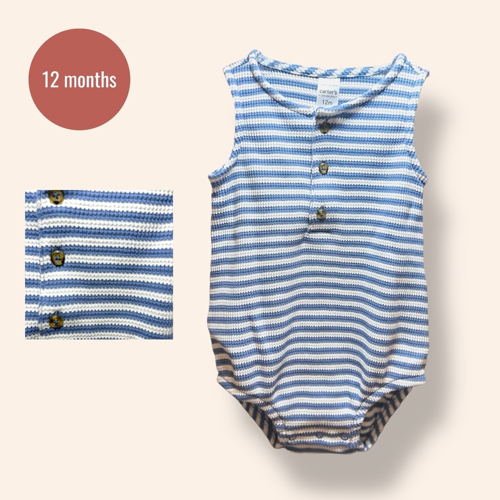 Carter’s Blue & White Striped Sleeveless Button Romper (12 Months)